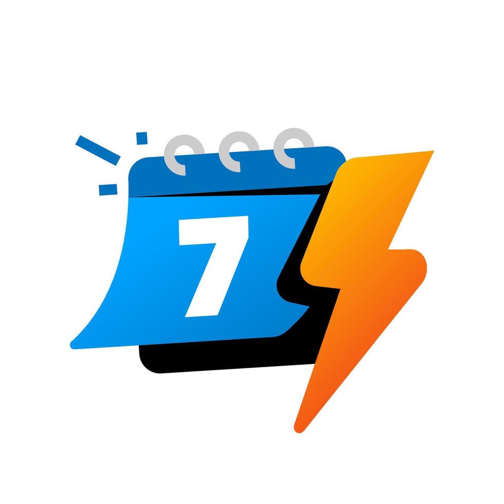 Flat illustration of a calendar with the number seven and a lightning bolt, a 7 day flash sale, limited time discount, or special week offer. Perfect for marketing campaigns vector