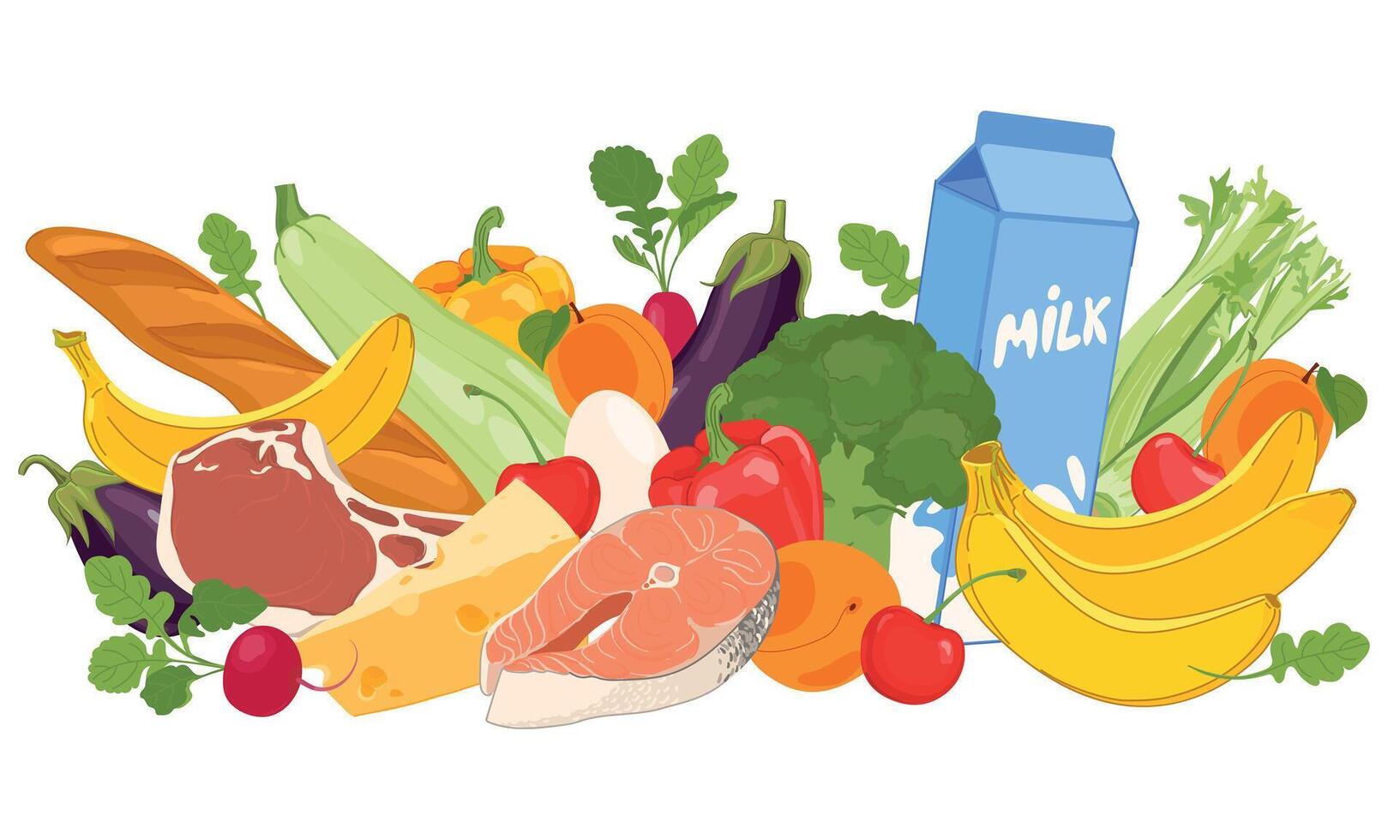 Healthy food in flat style. Supermarket products - milk, baguette, meat, fish, vegetables and fruits. Healthy low-calorie diet. Cartoon style. vector
