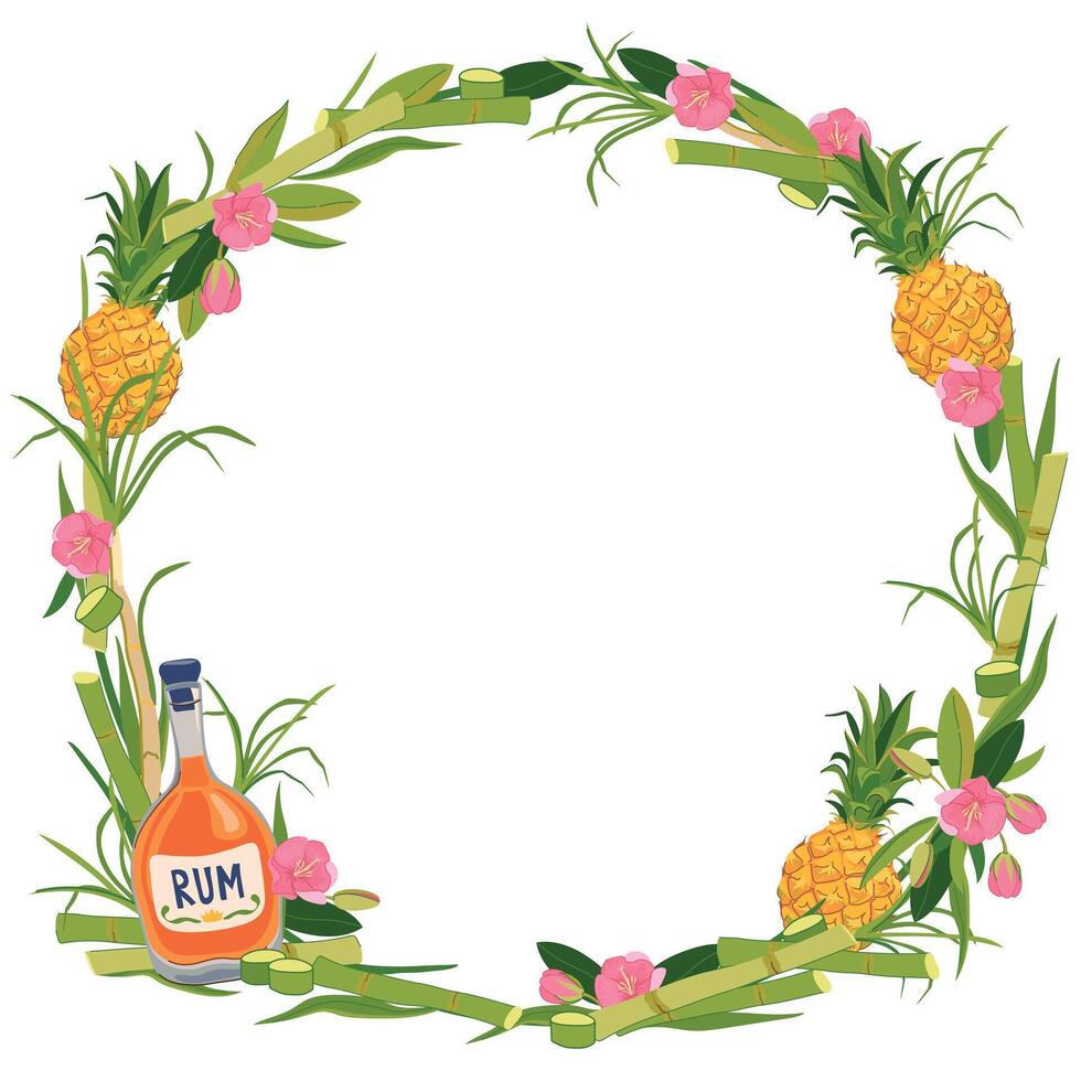 round frame with bottle of rum, pineapple and flowers. Template with place for text for tropical vacation. Illustration for beach bar menu. Cruise vacation, summer holidays, party, cafe. vector