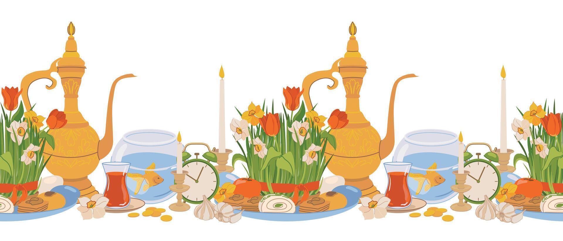 Seamless pattern for International Day of Nowruz. Iranian New Year is a holy day and religious holiday of Zoroastrians and Baha'is. Mirror, green grass, sweets, candles, vinegar, flowers. Flat . vector