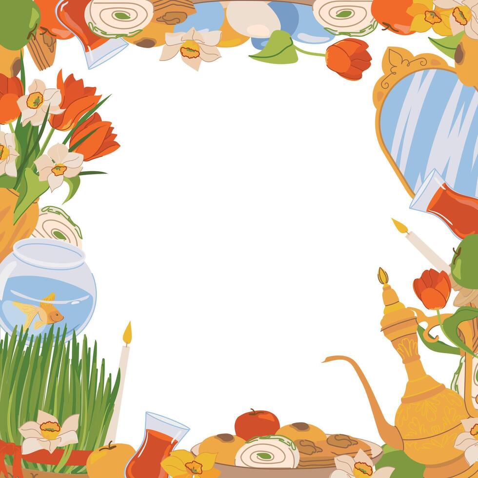 International Day of Nowruz square frame with space for text. Persian New Year is a holy day and religious holiday for Zoroastrians and Baha'is in Azerbaijan and Iran. clip art in flat style. vector