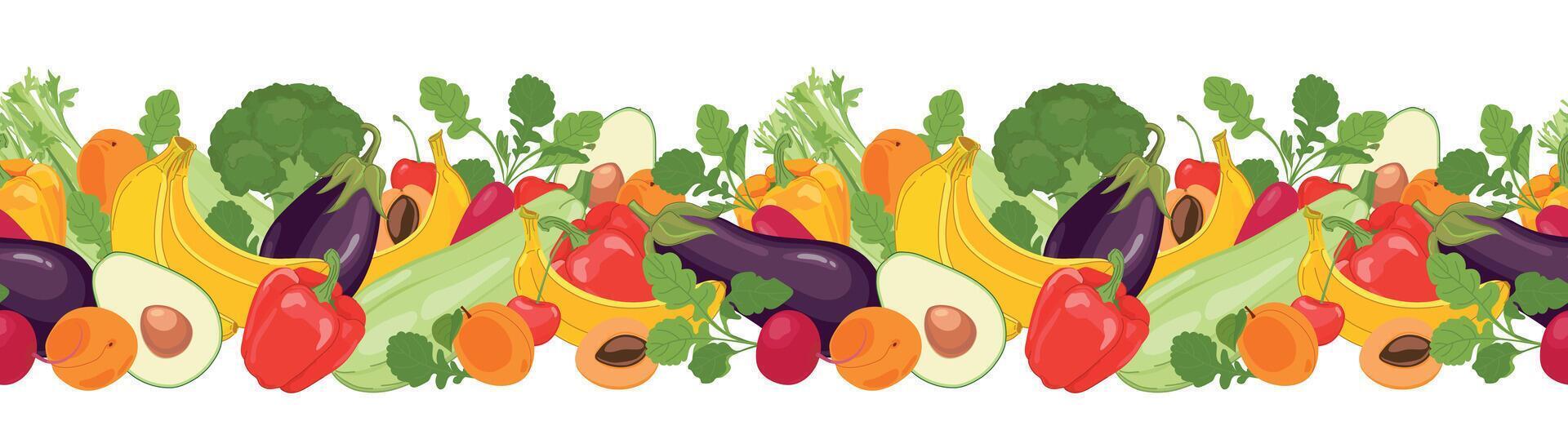 Seamless border of natural fruits and vegetables. farm products on white background. Radish, broccoli, zucchini, eggplant, banana, cherry, apricot, avocado, celery, bell pepper in cartoon style vector