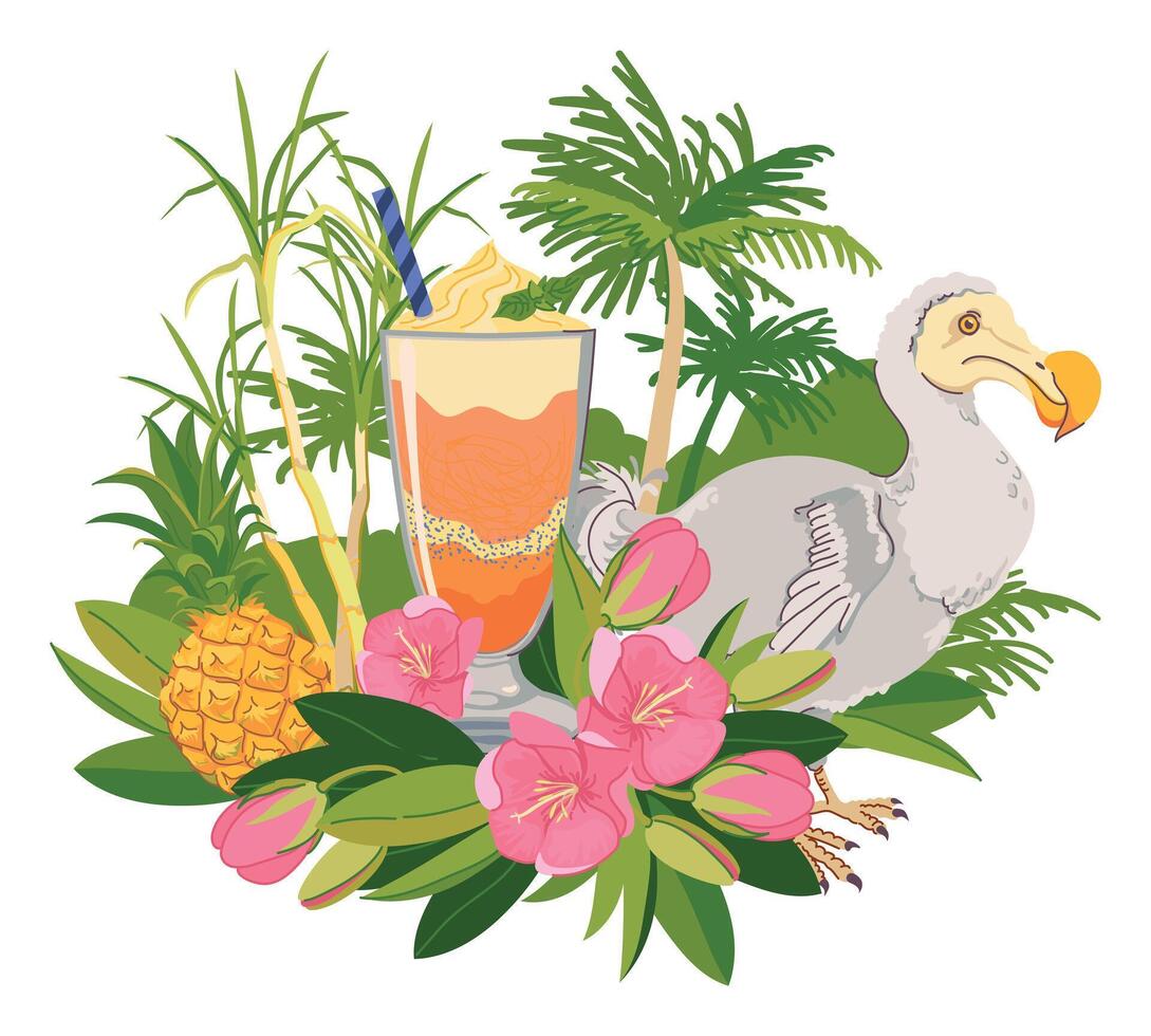 sticker with refreshing cocktail, pineapple and flowers, Dodo bird. Tropical paradise. Ice cream illustration for beach bar menu. Cruise vacation, summer holidays, party, cafe, vacation. vector