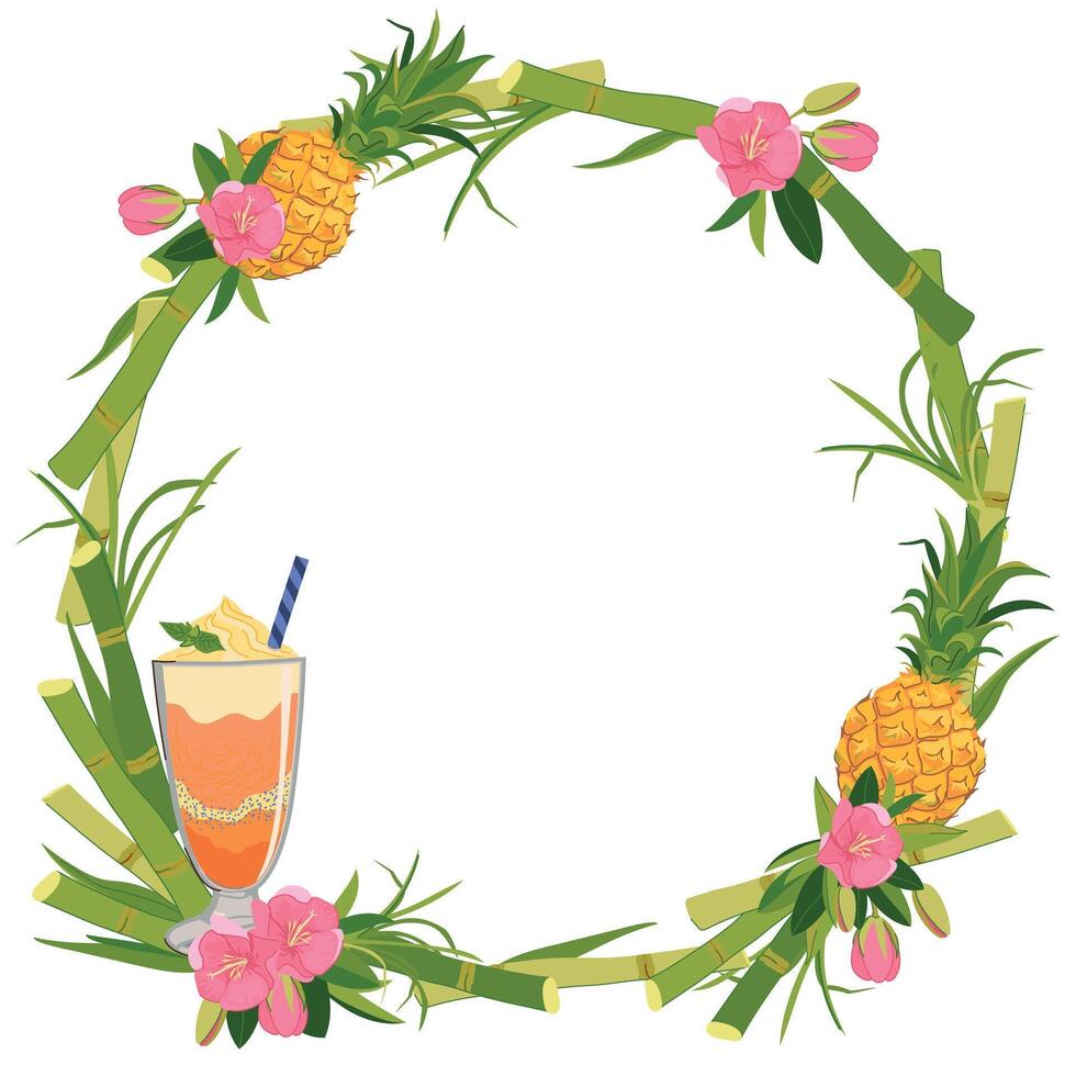 round frame with refreshing cocktail, pineapple and tropical flowers. Wreath of sugar cane, pink hibiscus, ice cream and fruits for beach bar menu. Cruise vacation, summer holidays. vector