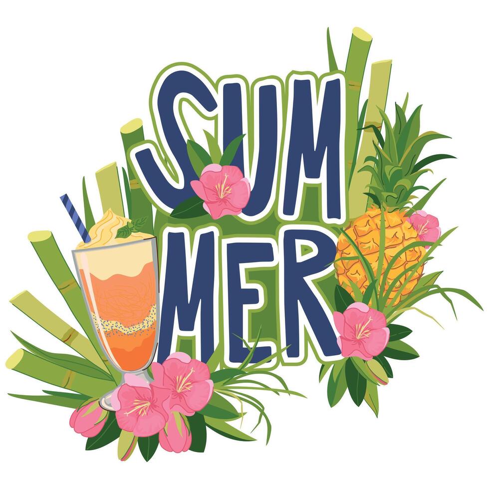 sticker with bottle of rum, pineapple and flowers. Tropical vacation emblem. Illustration for beach bar menu. Cruise vacation, summer holidays, party, cafe. vector