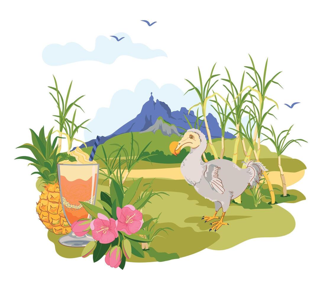 Mauritius landscape and famous landmarks of the island in flat style. sugar cane, Mount Peter, endemic extinct bird Dodo, flowers of Mauritius trochetia boutoniana, pineapple, falooda cocktail. vector