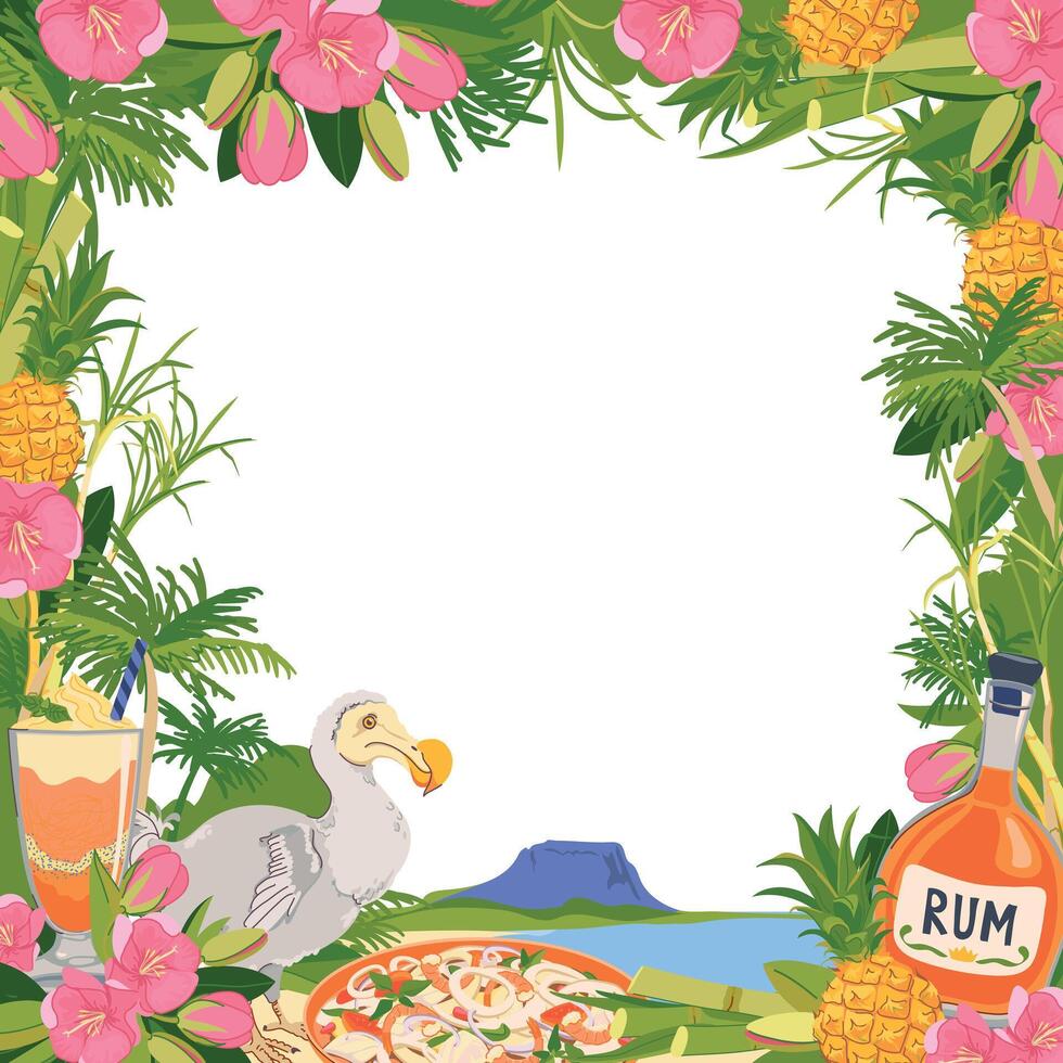 square frame. Panoramic view of Mauritius island beach and Le Morne Brabant mountain. Dodo bird, trochetia boutoniana flowers, pineapple, rum, cocktail in flat style. Tropical paradise vector