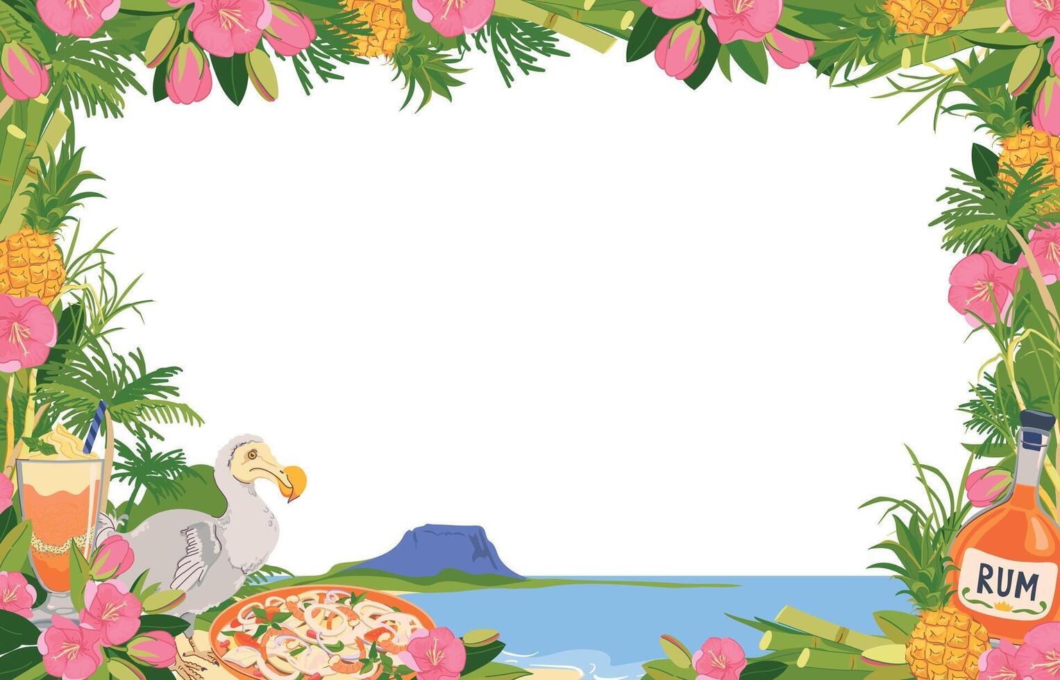 horizontal frame. Panoramic view of Mauritius island beach and Le Morne Brabant mountain. Dodo bird, trochetia boutoniana flowers, pineapple, rum, cocktail in flat style. Tropical paradise vector