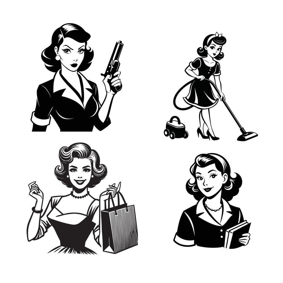 Vintage Retro Woman Illustration with Classic Housewife Clip Art Design vector