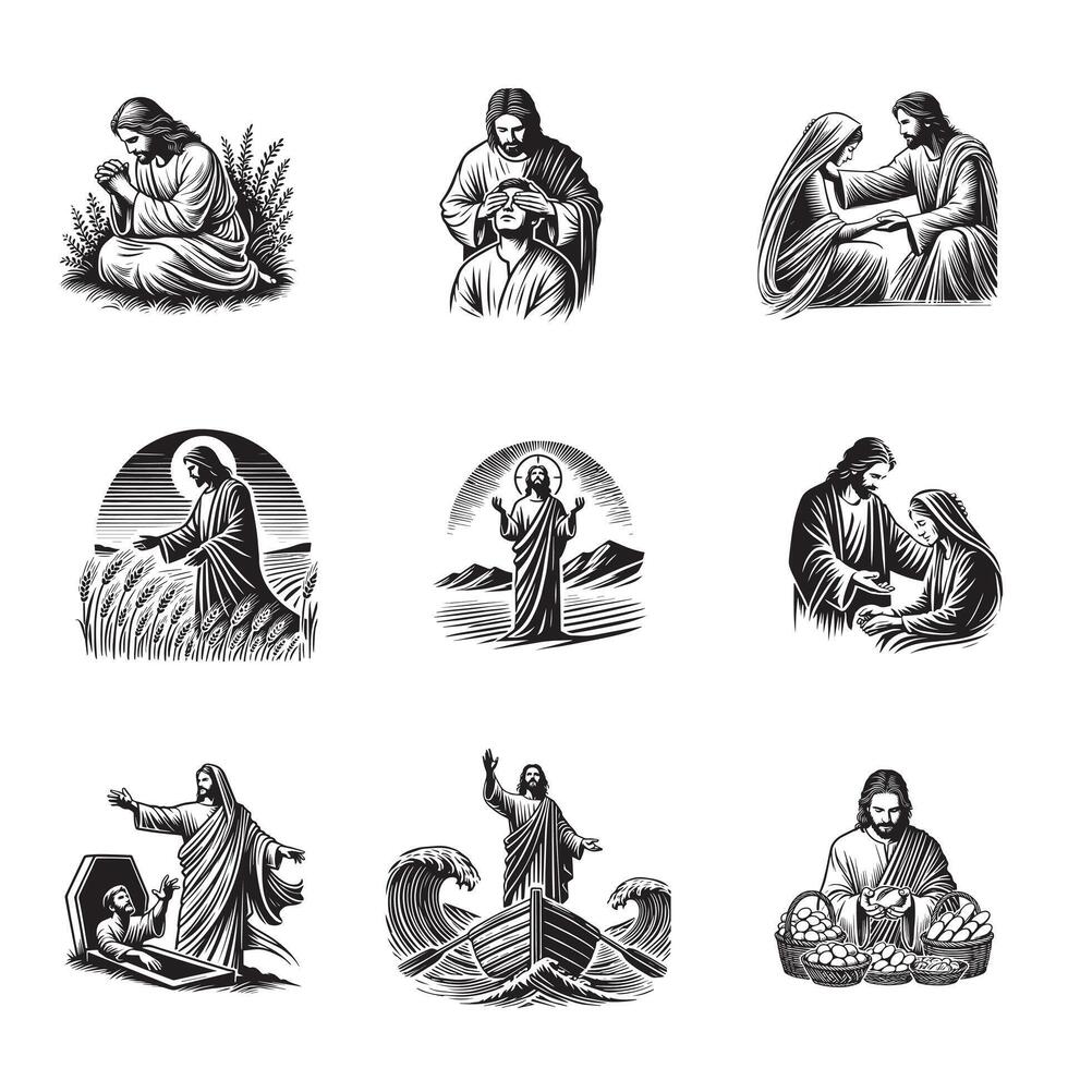 collection of Set of Funny Jesus Christ Design Jesus various activities illustration in black and white vector
