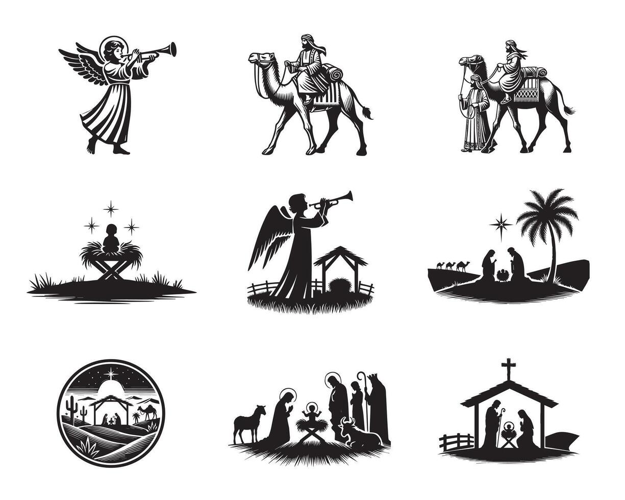 Collection of Nativity Silhouette Design and Nativity scene illustration vector