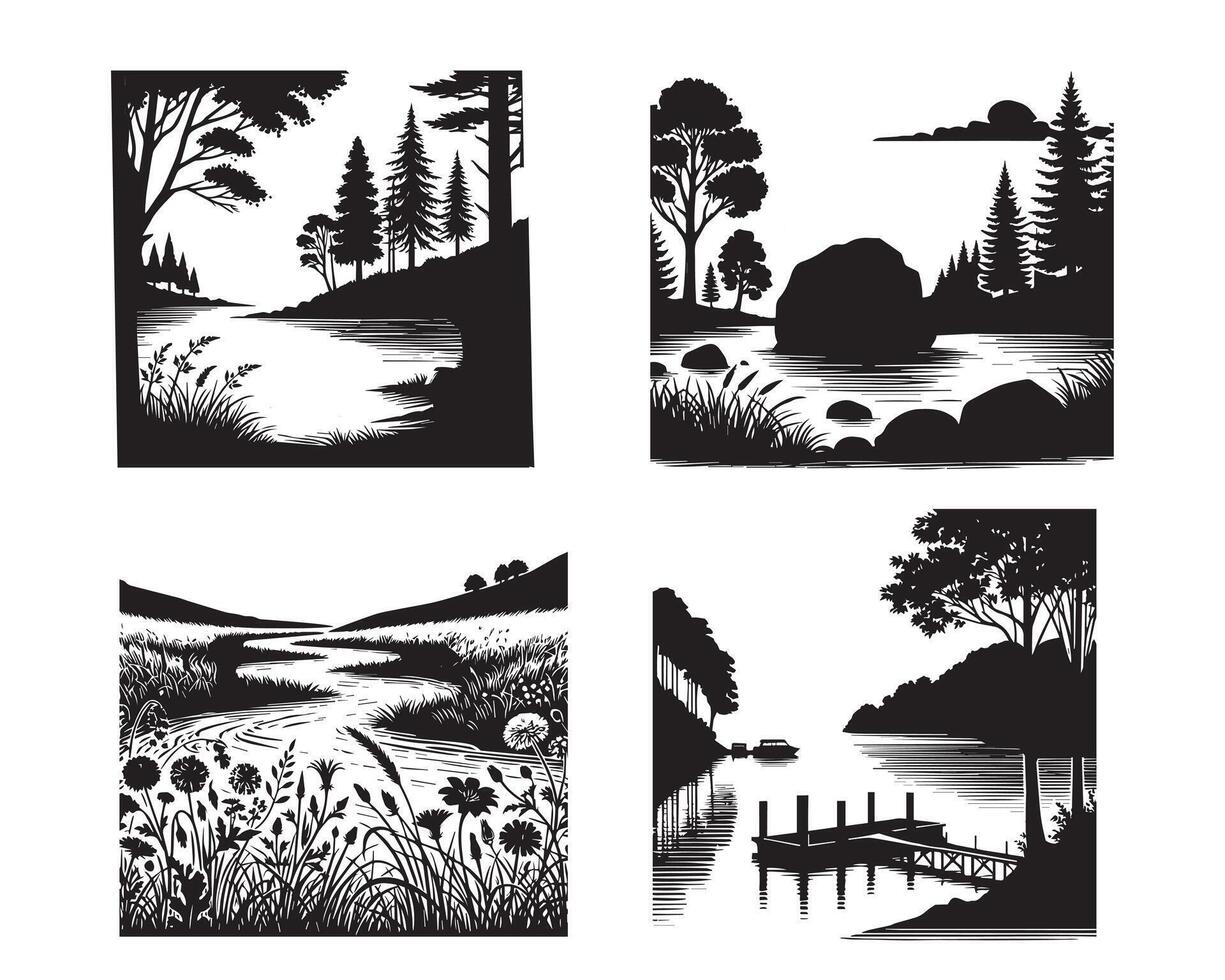River Scene with Forest Illustration and Set of River and Landscape Silhouette Designs vector