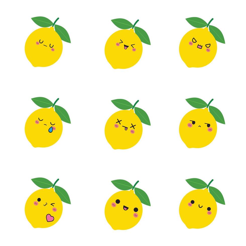 Collection of Kawaii Lemon isolated Design And Cute Lemon Fruit illustration vector