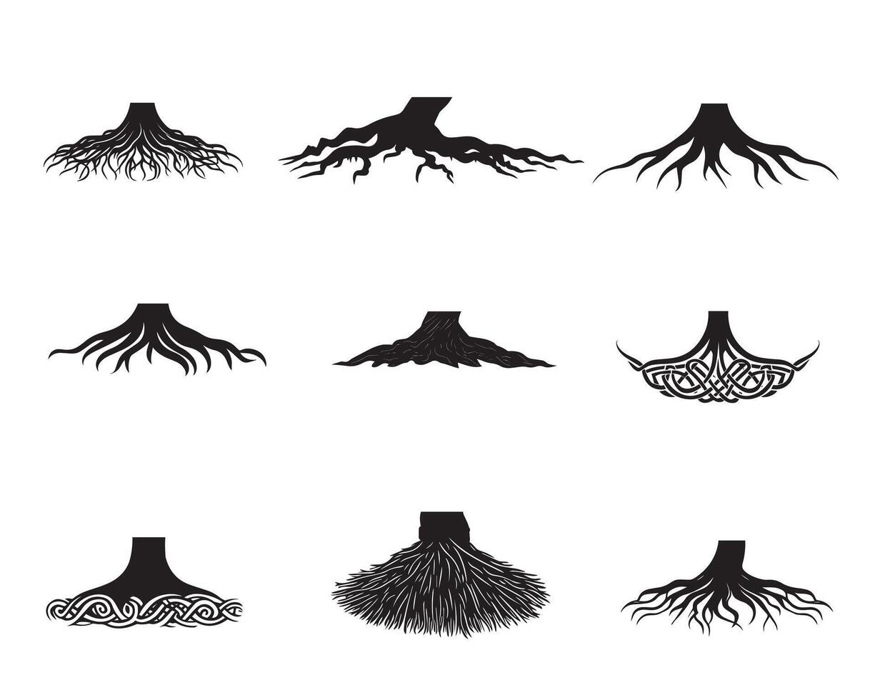 Set of tree Roots illustration - tree Roots Silhouette Design vector