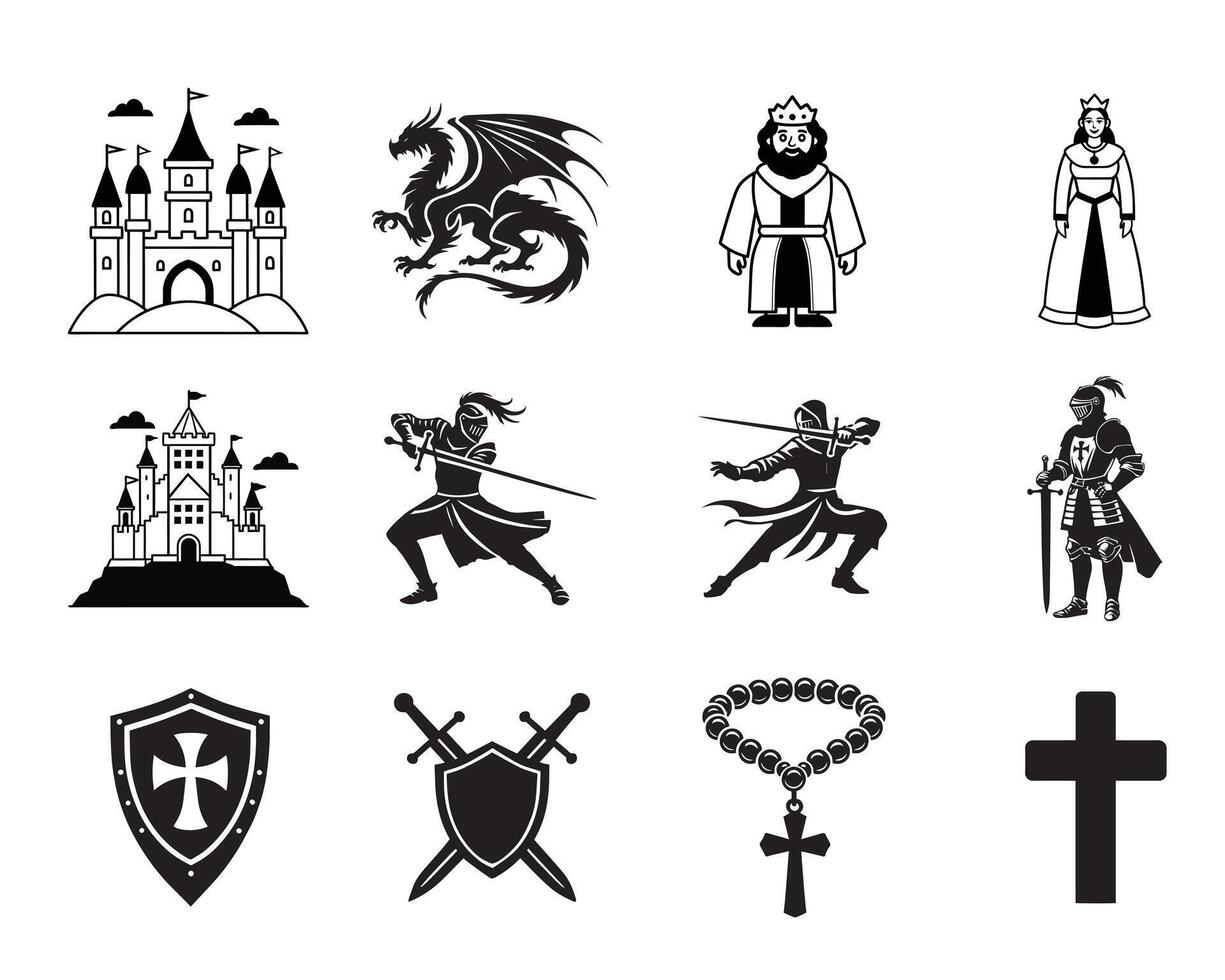 Collection of Black and White Medieval Clipart Collection Classic Medieval Illustrations vector