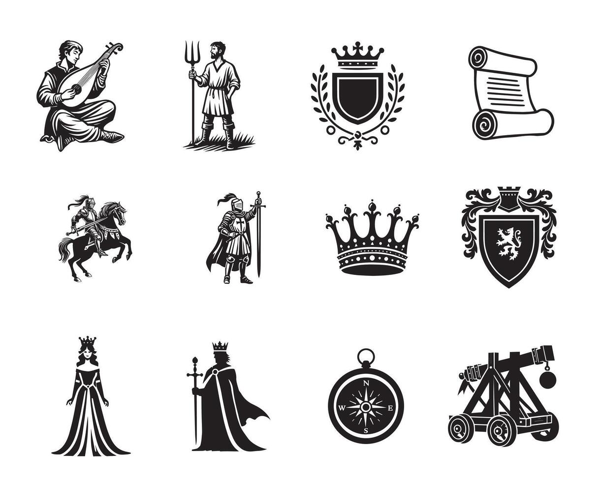 Set of Medieval Clipart Design Medieval illustration in black and white vector