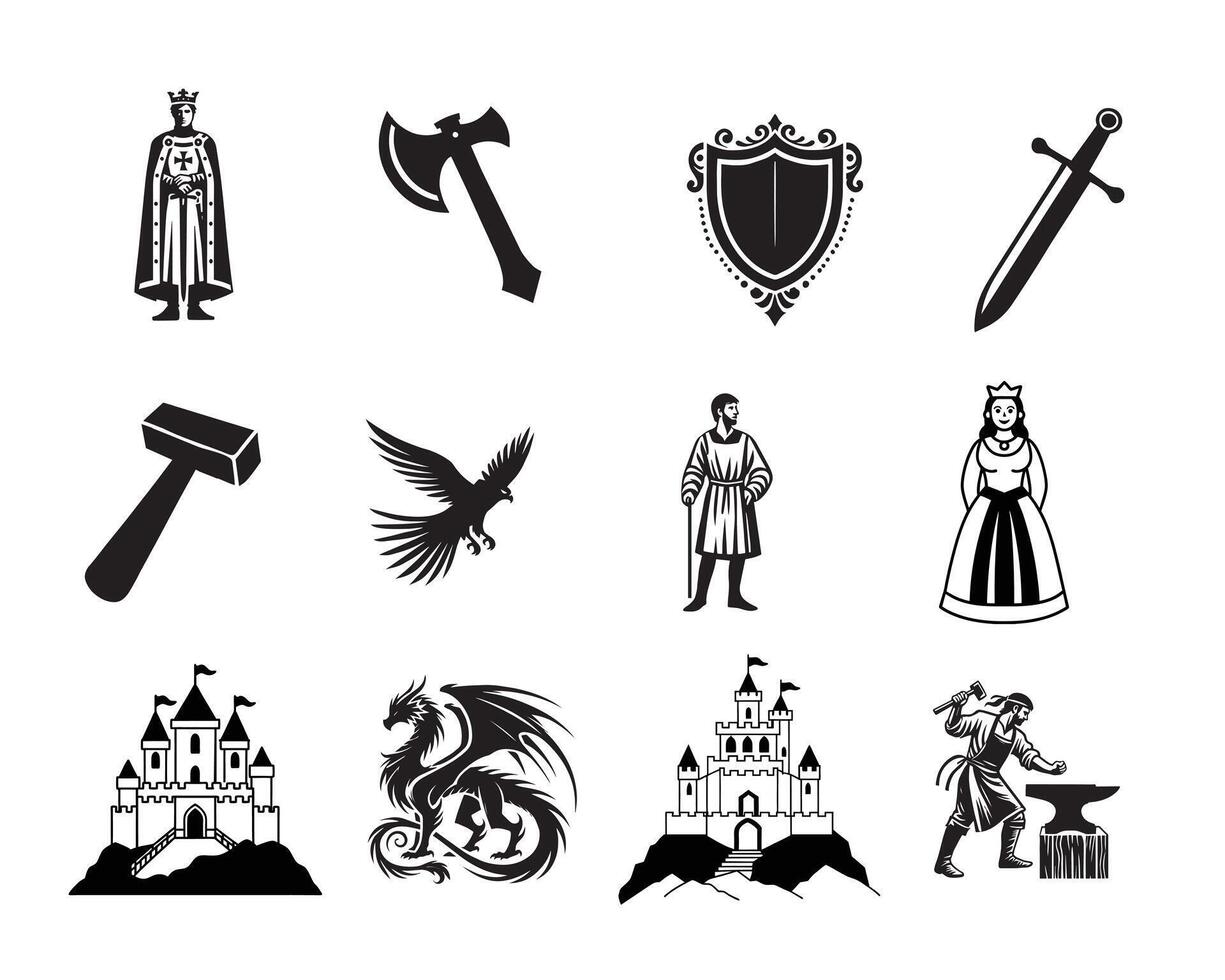 Collection of Medieval Clipart Design Medieval illustration in black and white vector