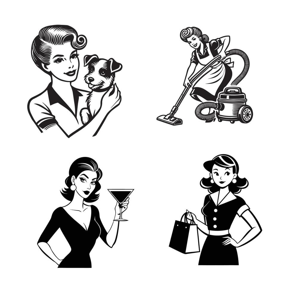 Vintage Retro Housewife with Elegant Woman Illustration Design vector