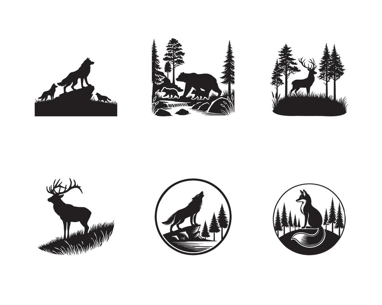 Set of Woodland Silhouette Design Forest with animals illustration Bundle vector