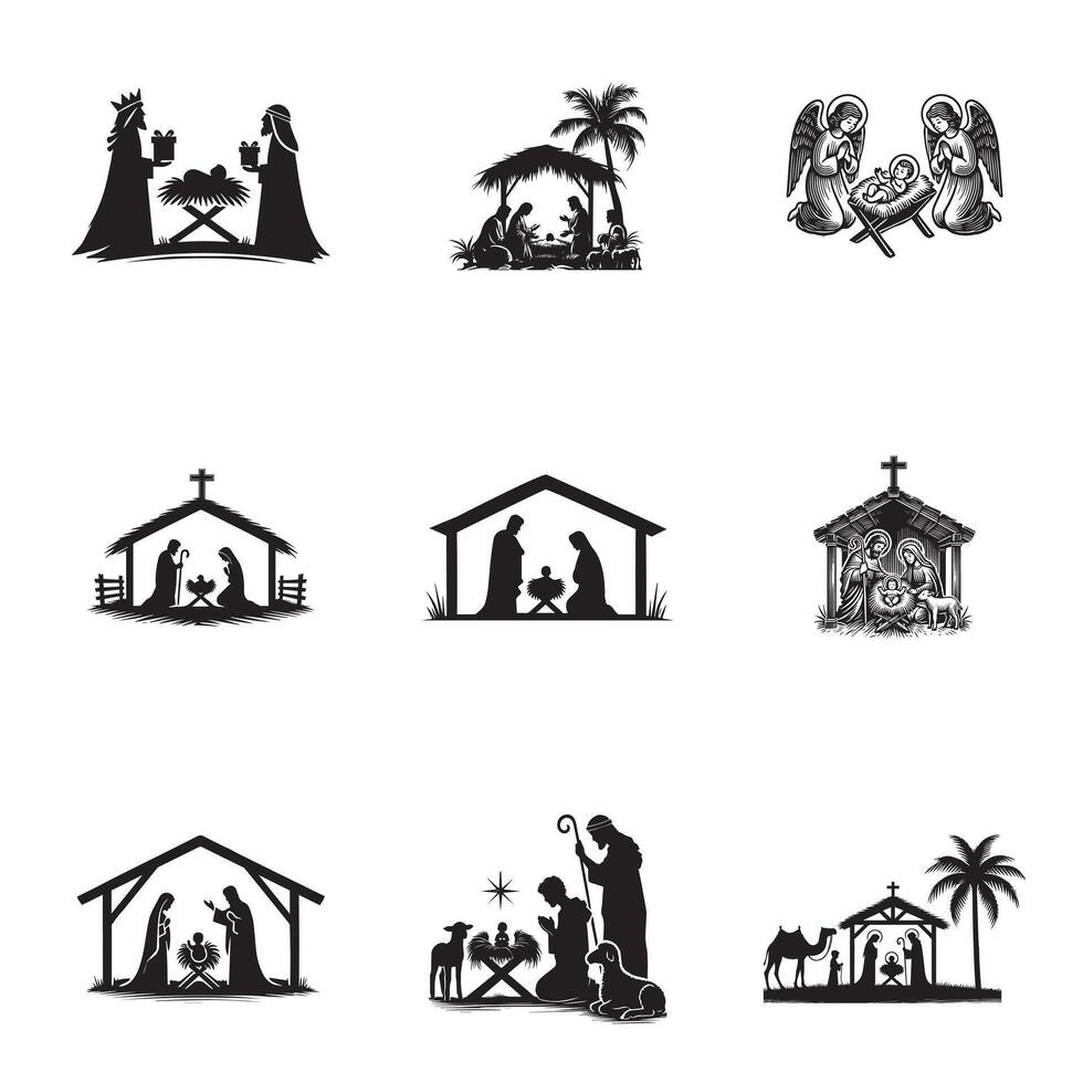 Collection of Nativity Silhouette Design Nativity scene illustration vector