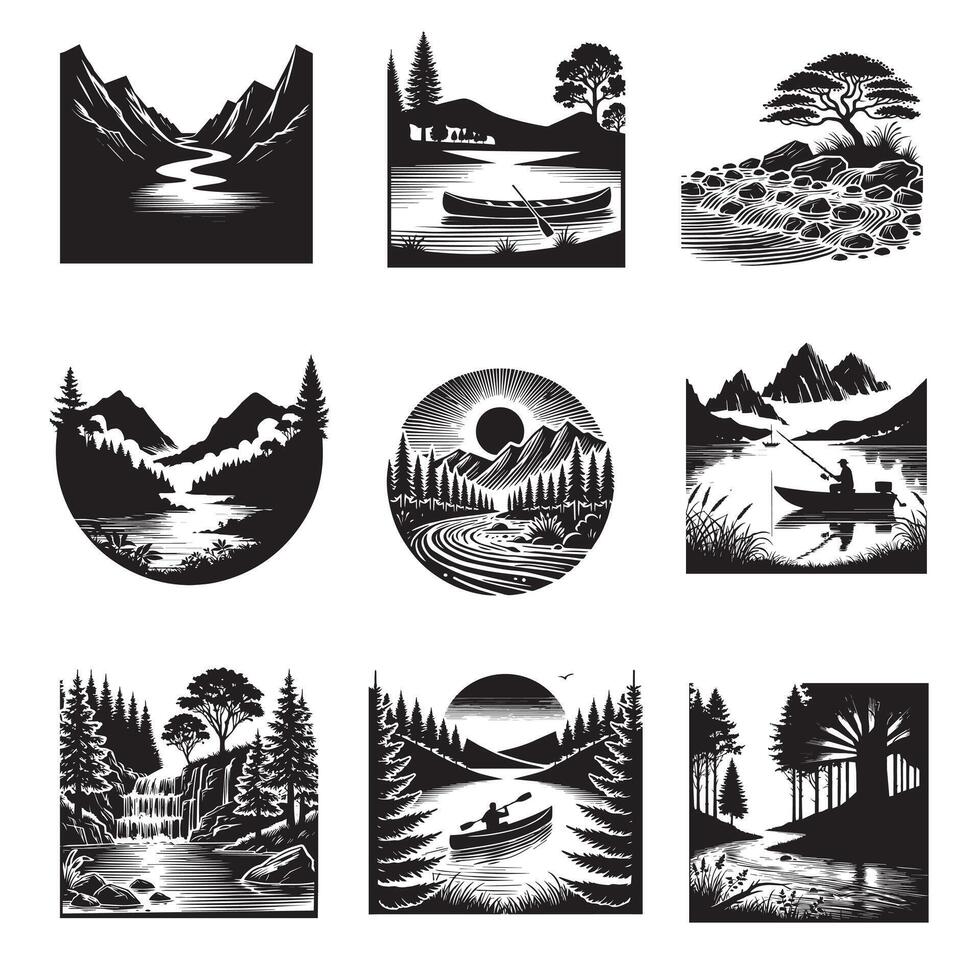 River Scene with Forest Illustration Set of Landscape Silhouette Designs vector