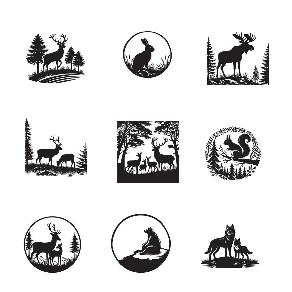 collection Set of Woodland Silhouette Design and Forest with animals illustration vector