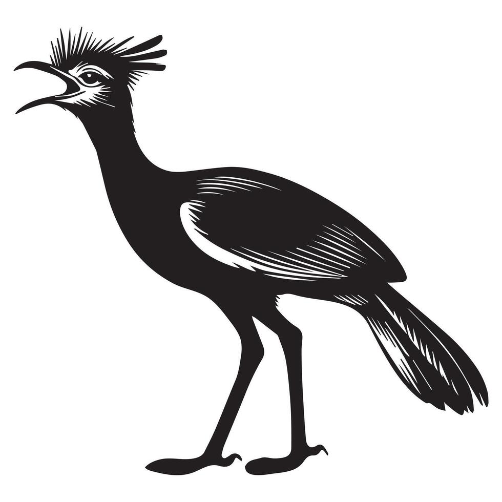 Black and White Red-Legged Seriema Bird Silhouette Illustration vector