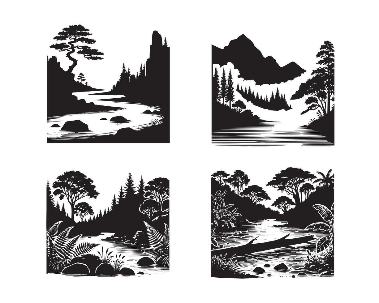 Illustrated River Scene with Forest Collection of Landscape Silhouette Designsated vector