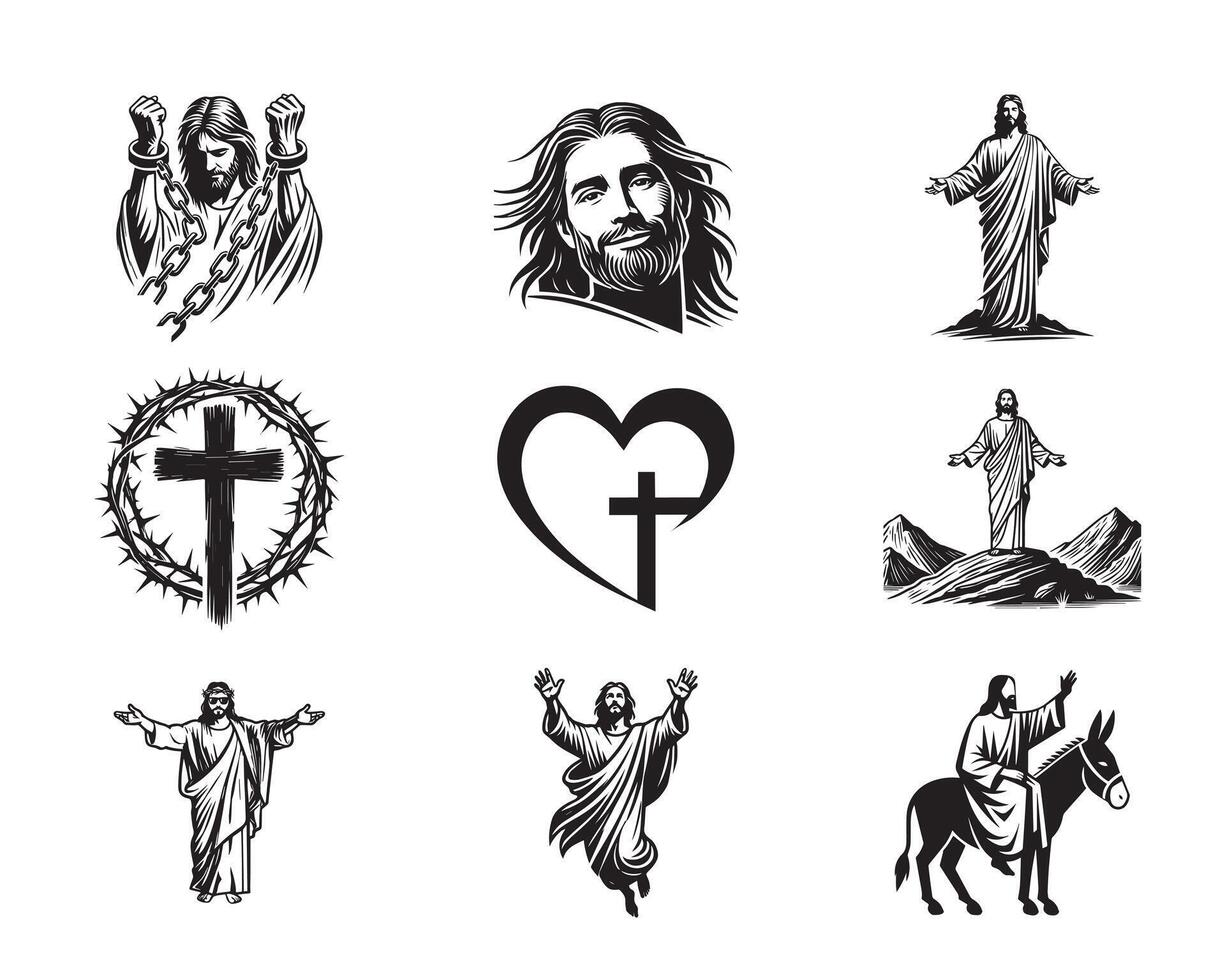 Set of Funny Jesus Christ Design Jesus various activities illustration in black and white vector