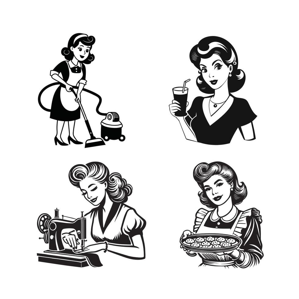 Retro Woman Clip Art with Vintage Housewife Illustration Design vector