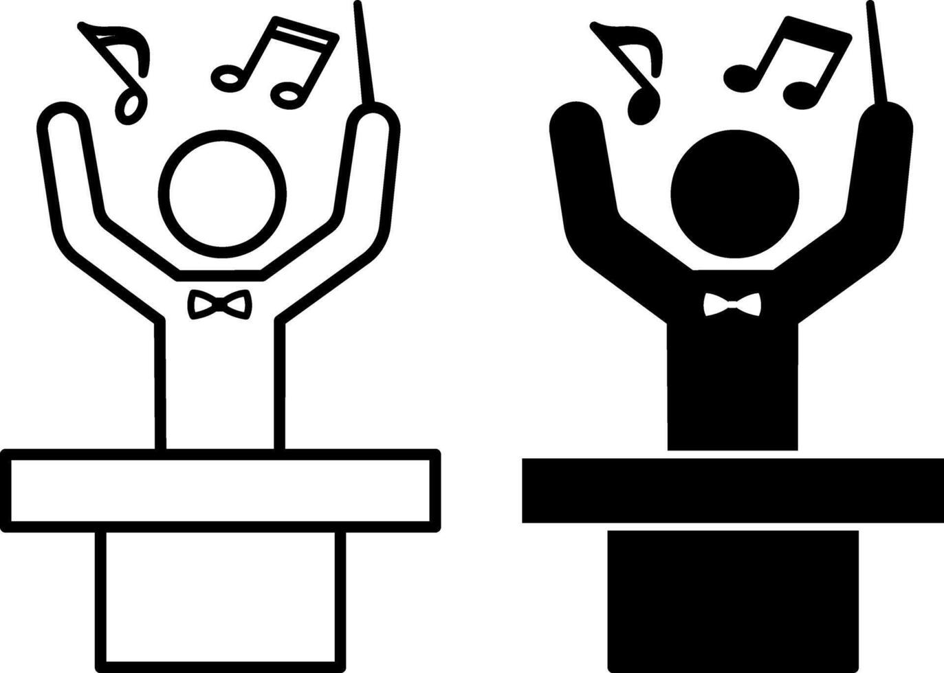 Orchestra Conductor Icons. Black and White Illustrations. Man with Bow Tie Conducting Orchestra, Choir. Musical Notes. Music Concept vector