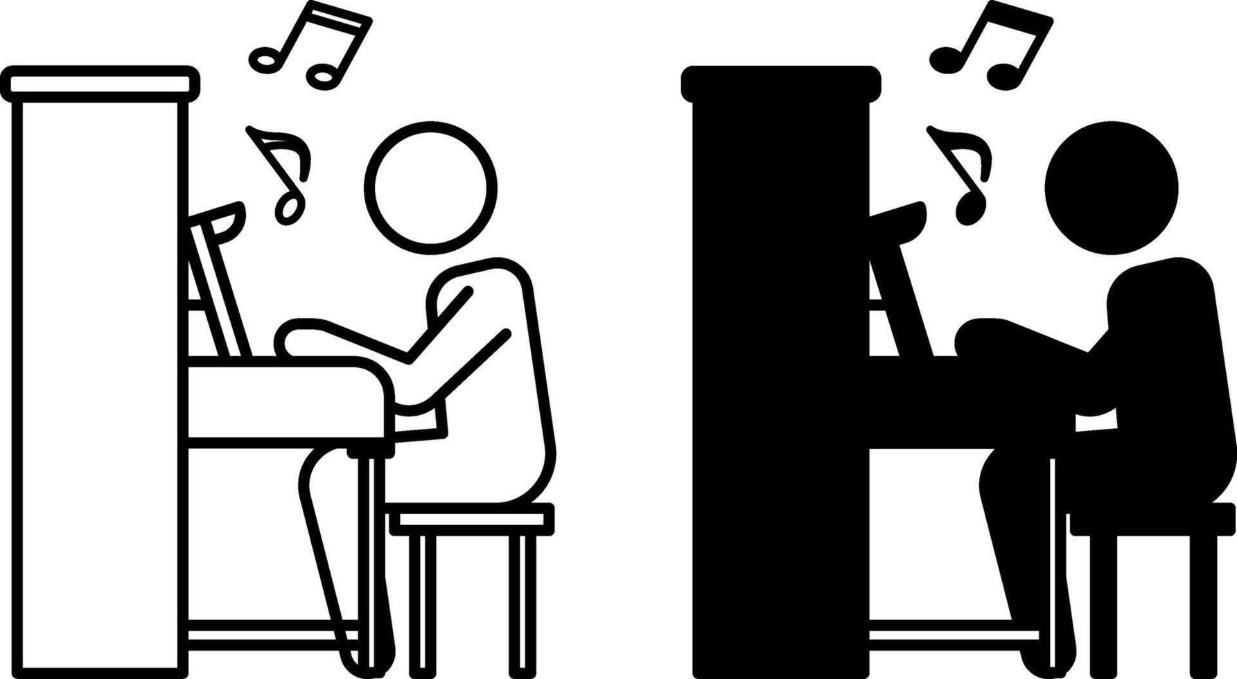 Pianist Icons. Black and White Illustration. Musician Sitting Playing Piano. Musical Notes, Concert, Performance. Concept Music vector