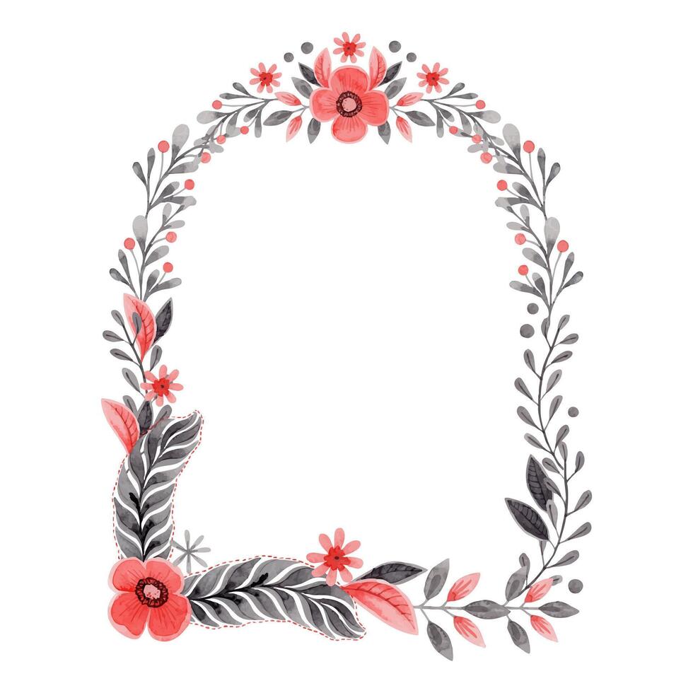Arch wreath with flower and feather in folk style. Stylized illustration in red and gray colors for wedding invitations creating. Hand drawn composition is perfect for romantic and love design. vector
