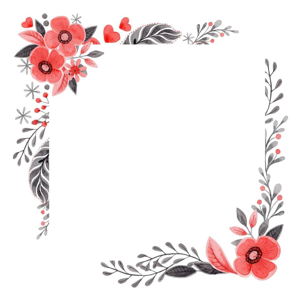 Square frame with flower and copy space in folk style. Stylized illustration in red and gray color for wedding invitation creating. Hand drawn composition is perfect for romantic and love design. vector