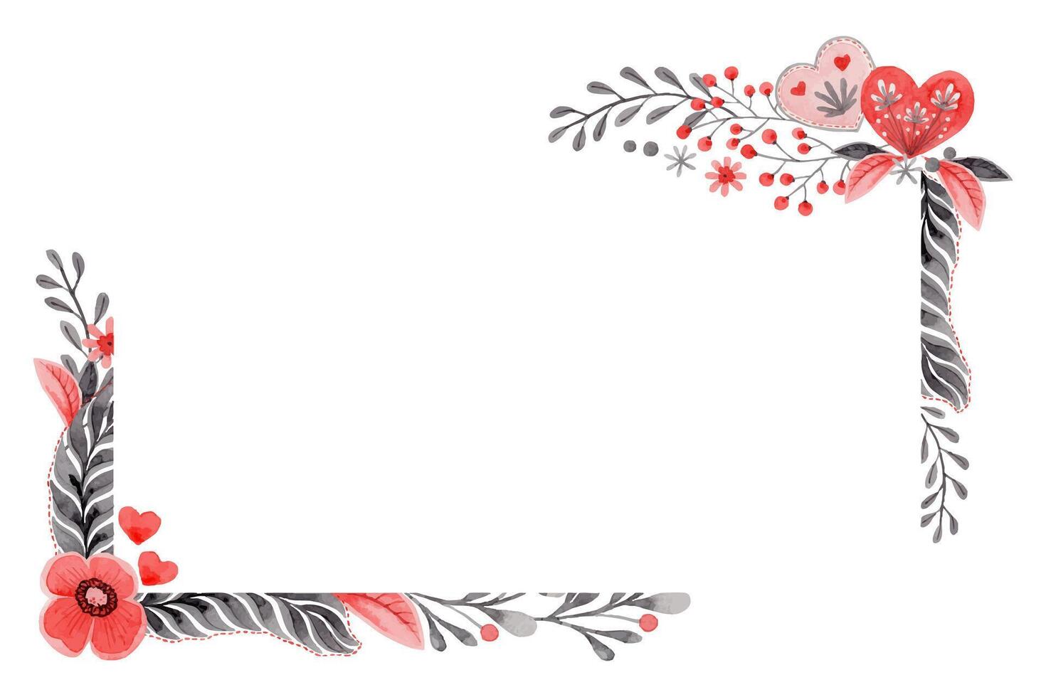 Horizontal frame with flower and copy space in folk style. Stylized illustration in red and gray colors for wedding invitation. Hand drawn composition is perfect for romantic and love designs. vector