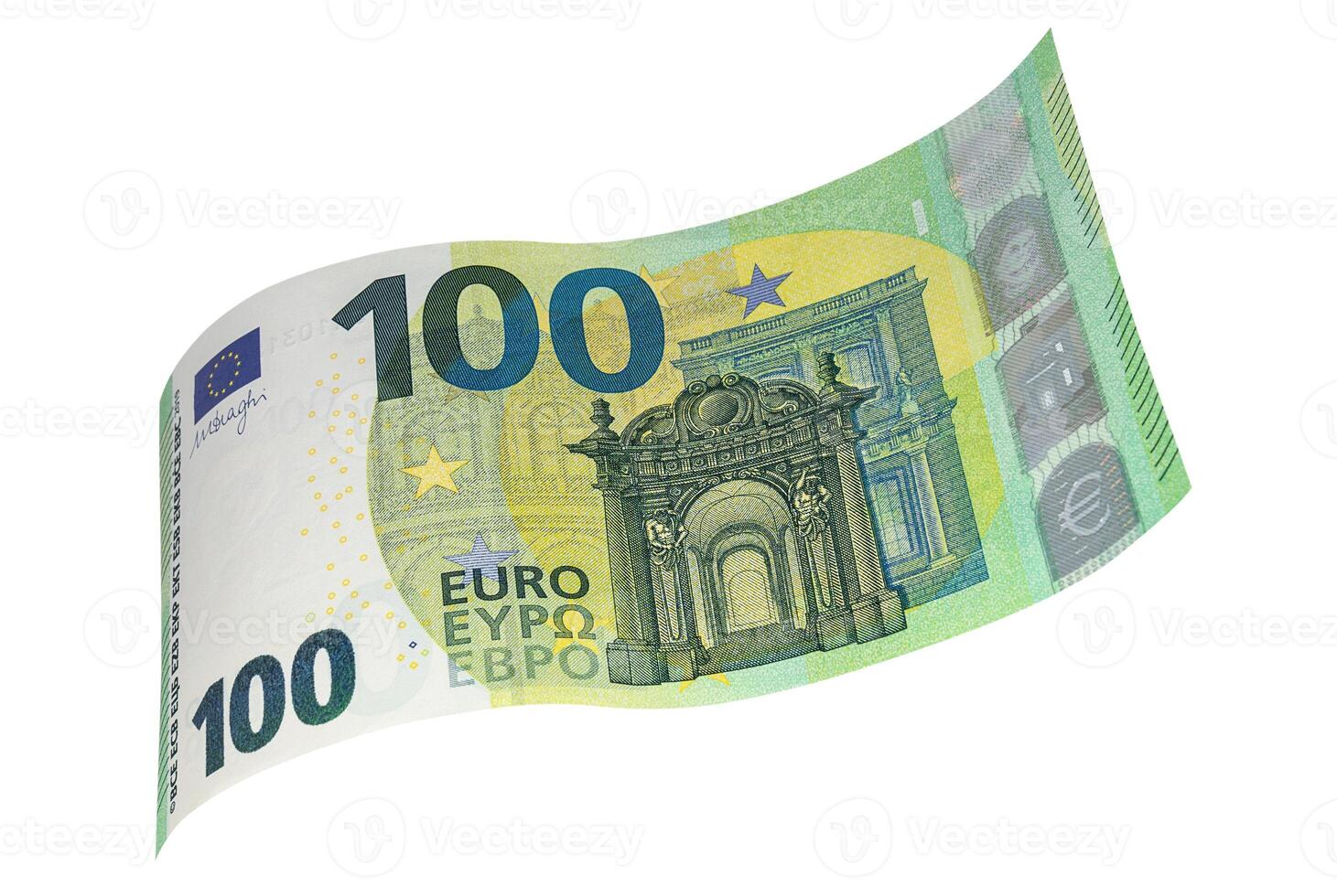 Curved banknote of hundred EURO isolated on a white background close up photo