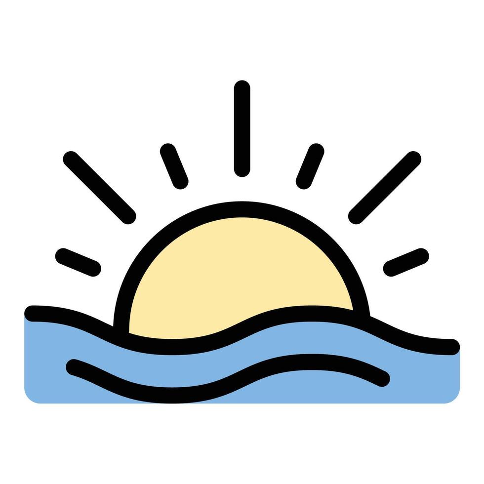 Tropical sunset icon flat line style illustration representing relaxation, vacation, and beach scenery, suitable for travel agencies, holiday promotions, and tropical-themed designs.. vector