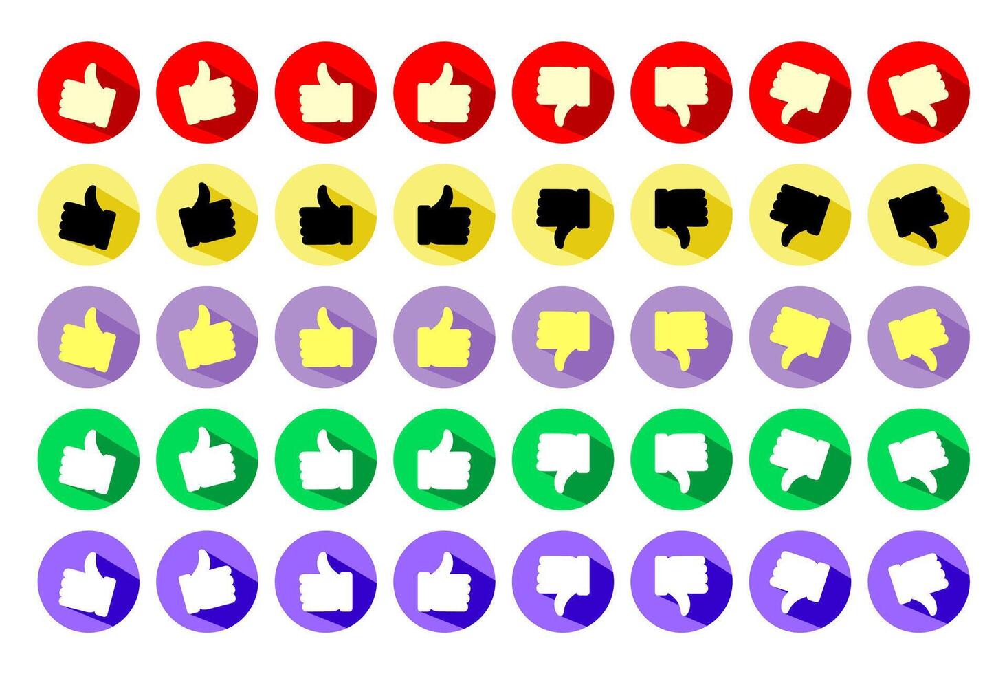 Set of thumb up and thumb down in circle shape. Like and dislike icon in various color. OK and not ok sign. Approve and disapprove symbol. vector