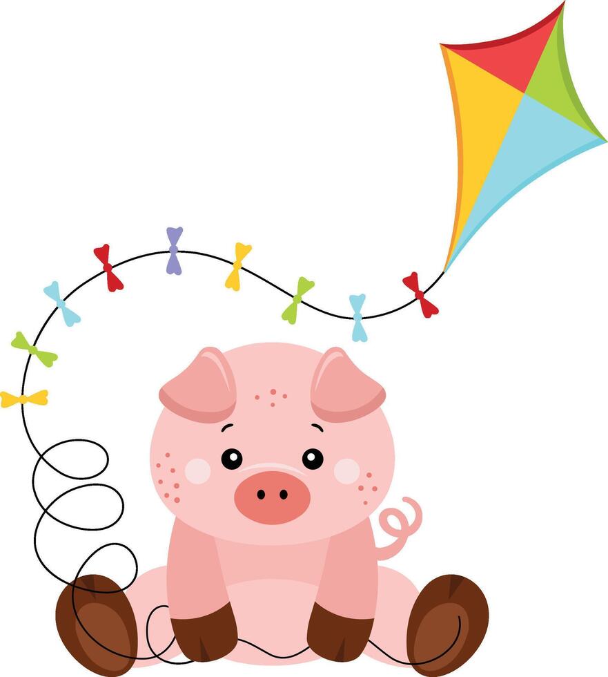 Cute pig sitting holding a kite vector