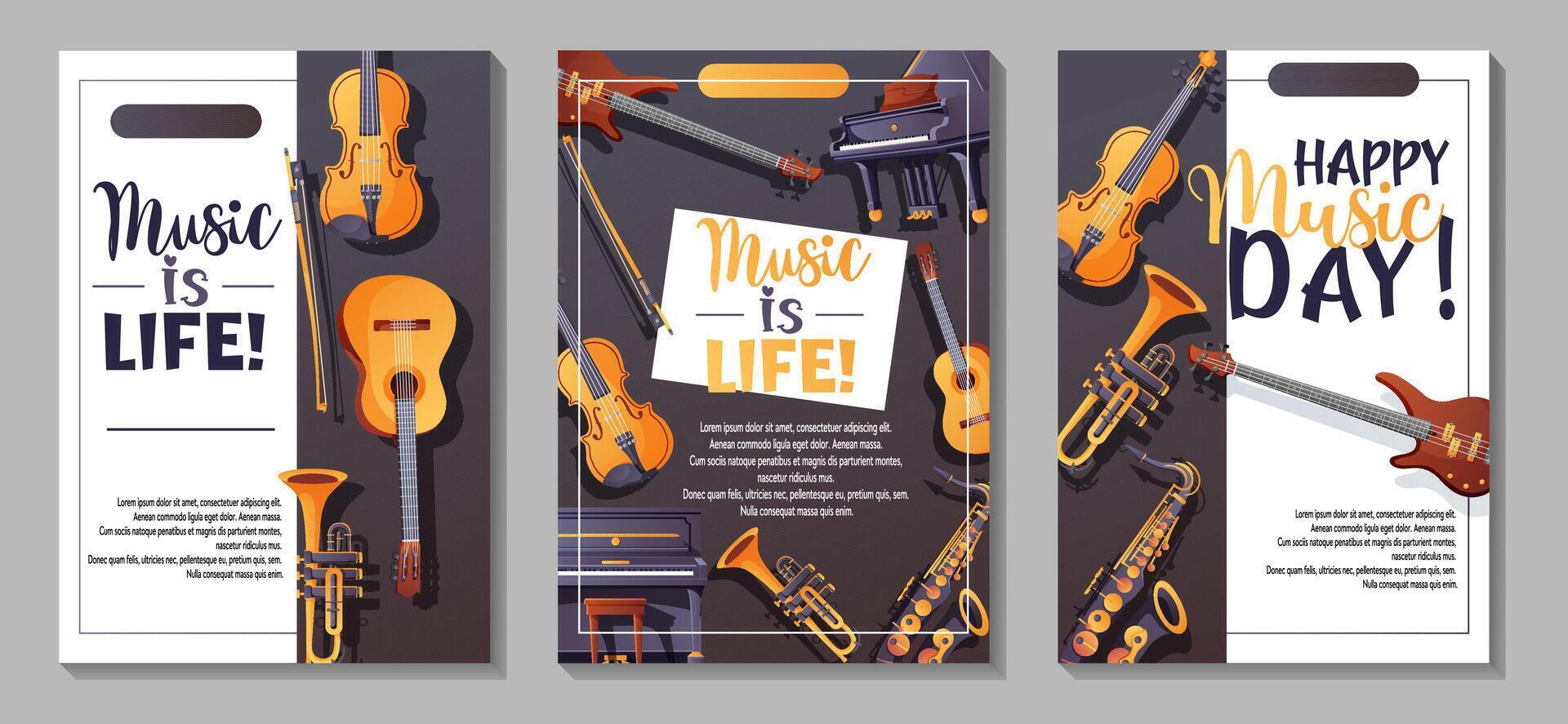 Set of music flyers with instruments. vector