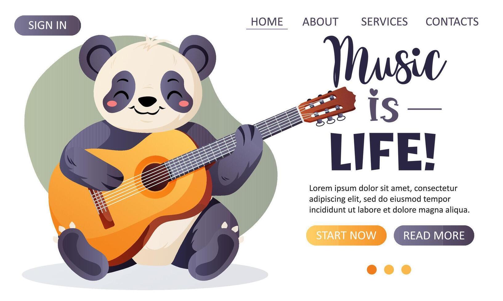 web template with a panda and guitar for a music website vector