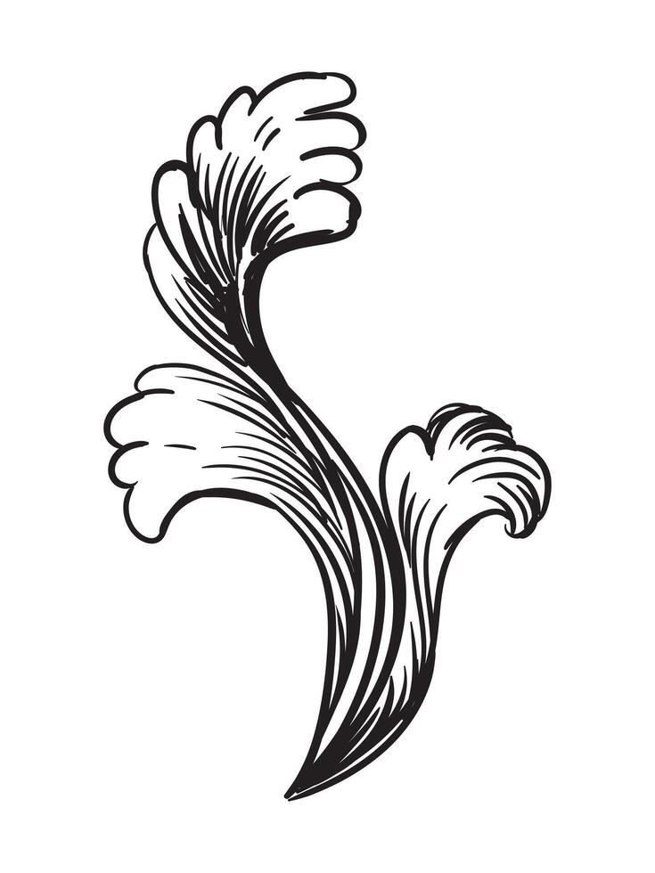 Hand drawing ornate baroque design element. Engraved damask pattern, vintage ornament. Isolated monochrome illustration on a white background. For design, print, fabric, invitation and wedding vector