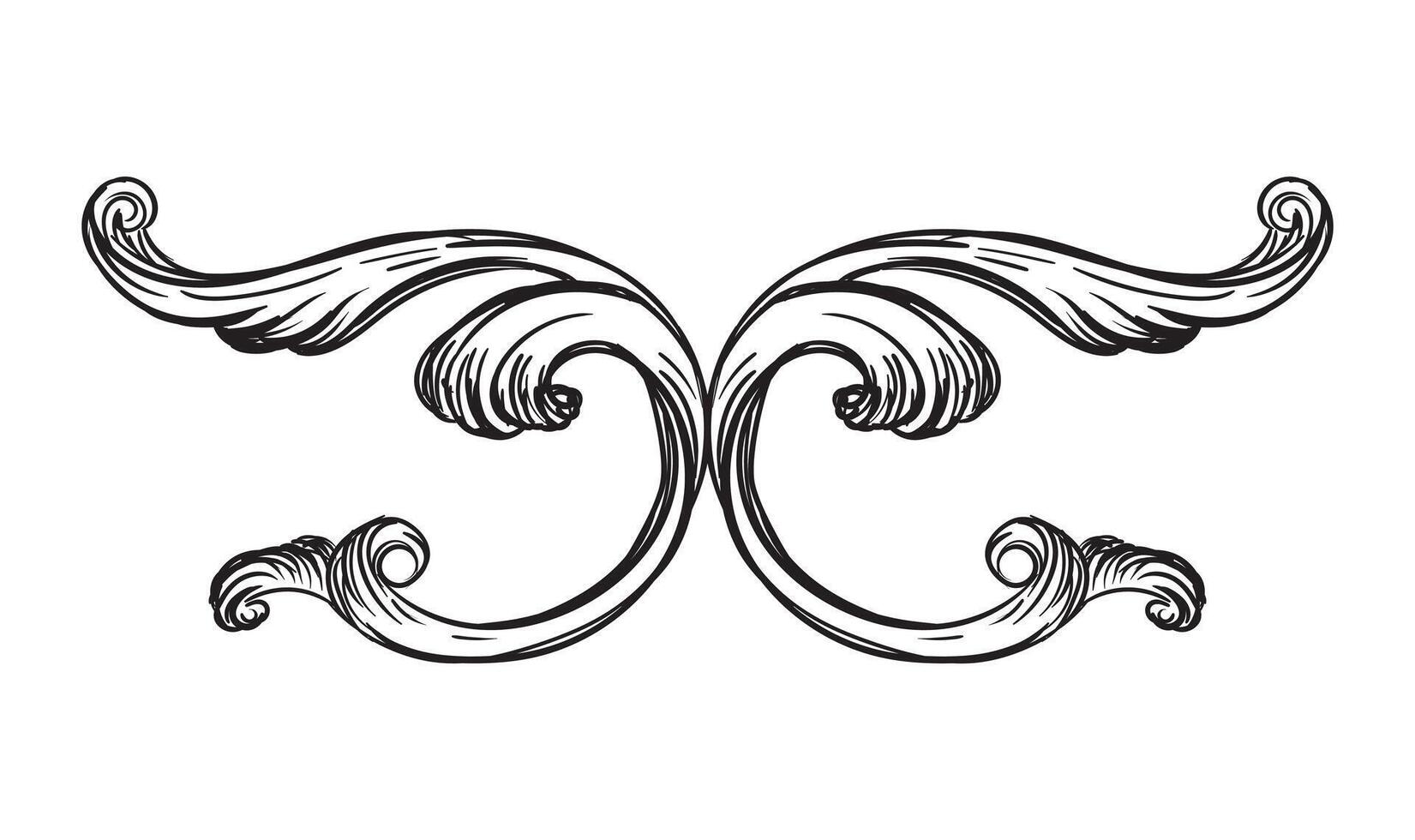 Hand drawing and ornate baroque design element. Engraved damask pattern, vintage ornament. Isolated monochrome illustration on a white background. For design, print, fabric, invitation and wedding vector