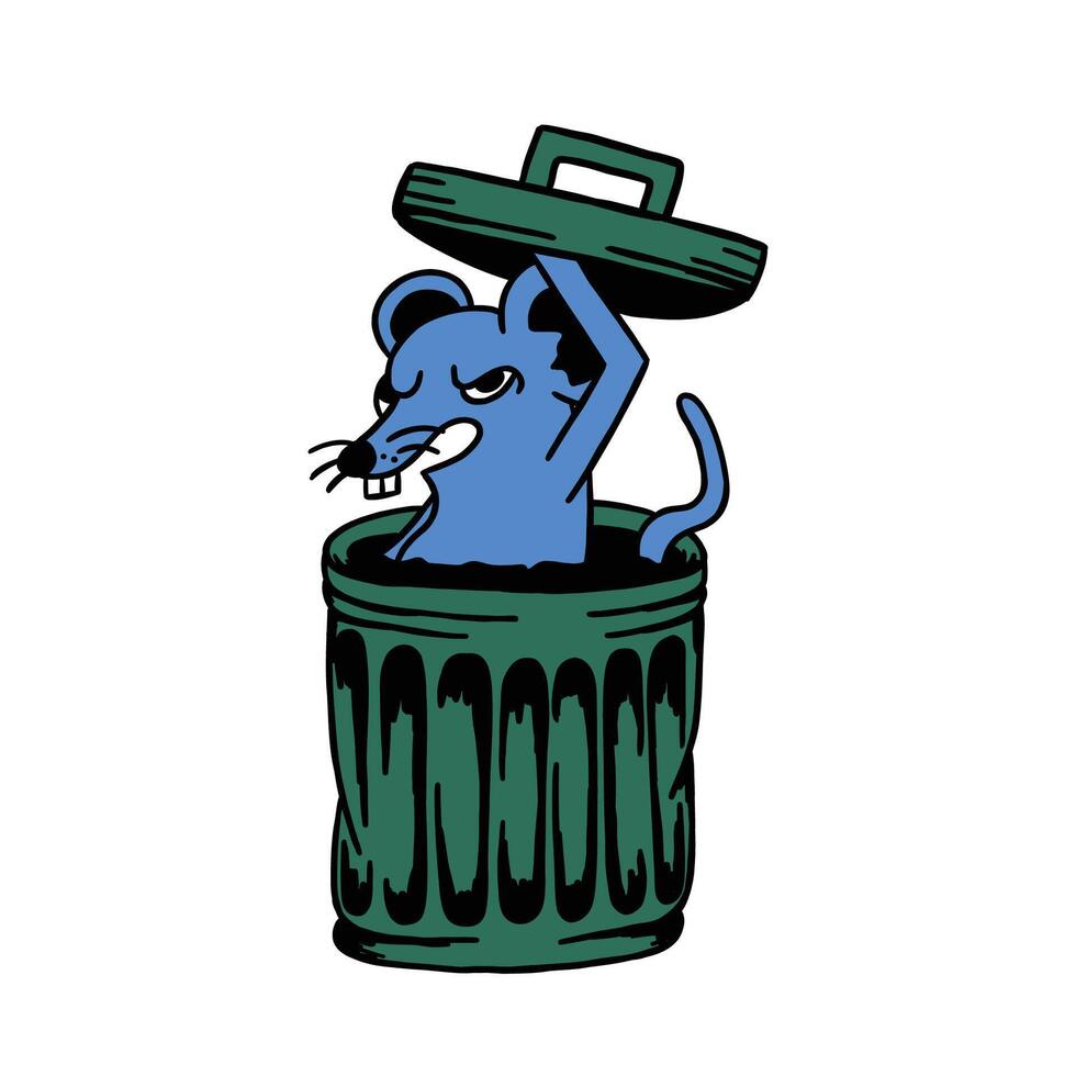 retro cartoon character illustration of rat in trash vector