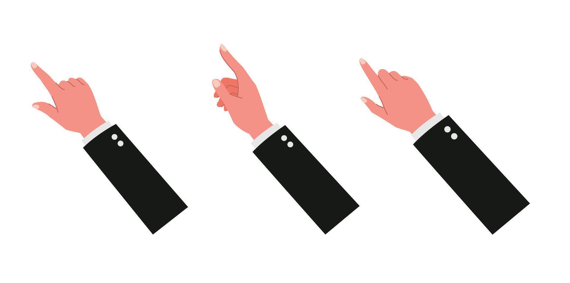 Businessman hands point, scroll down or up on smartphone or tablet flat for meeting, surf internet or working illustration isolated on white background. vector