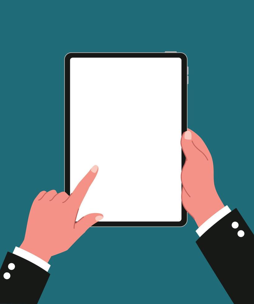 Businessman hands using a vertical side blank tablet illustration on white screen. vector