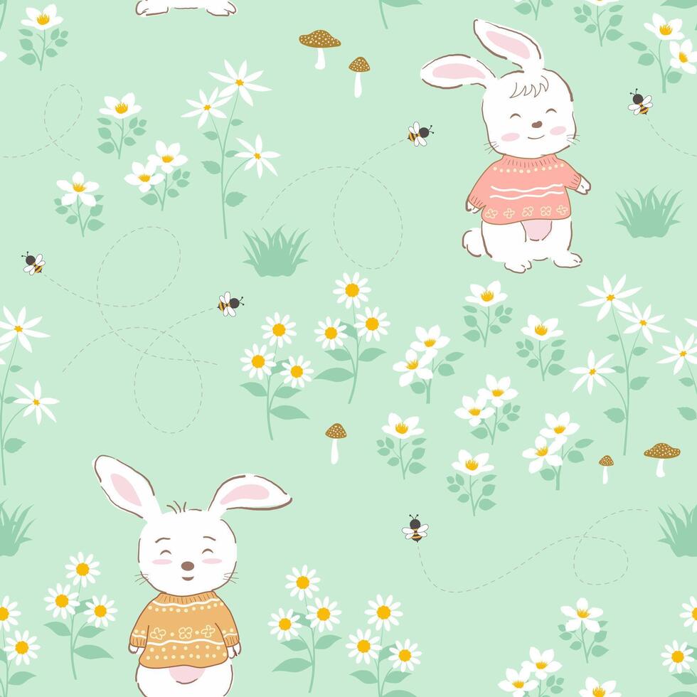 Seamless repeat pattern with cute hand drawn rabbits on spring flowers background,creative for fashion,fabric,textile,apparel,kid product,wallpaper and all print vector
