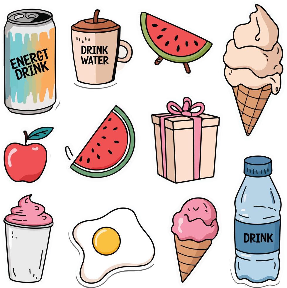 a set of different food items including watermelon, ice cream, and an egg vector