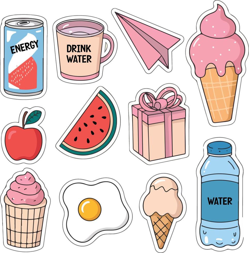 a set of stickers with various foods and drinks vector