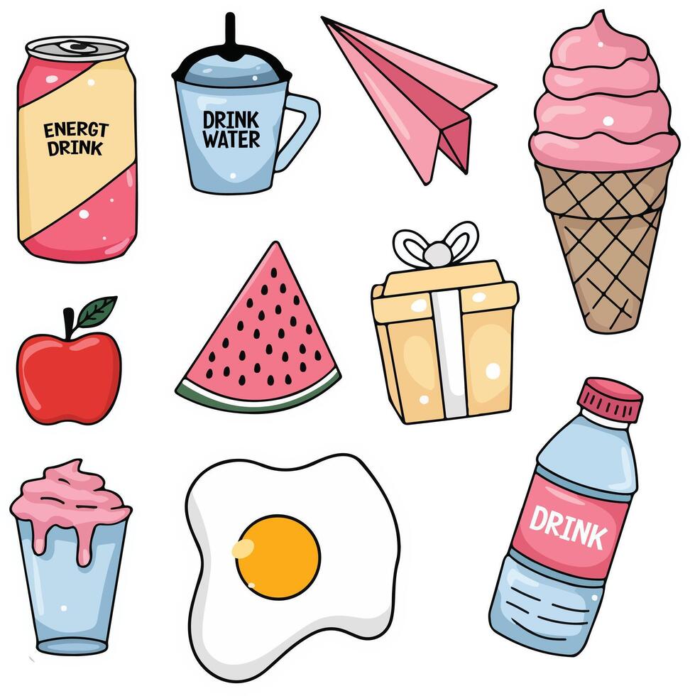 a set of different food items including an apple, watermelon, and an egg vector